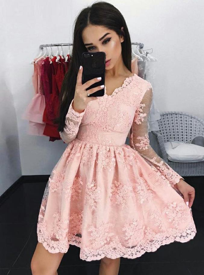 lace long sleeves pink tulle graduation party dress