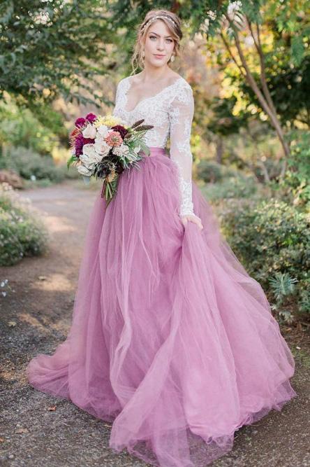 lace long sleeves tulle modest wedding dress a line with bowknot