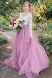 lace long sleeves tulle modest wedding dress a line with bowknot