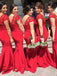 lace red mermaid satin long bridesmaid dresses with cap sleeves