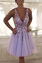 Lavender Beaded Homecoming Dresses Tulle V Neck Freshman Hoco Gown GM429
