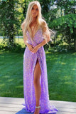 Lavender Sequin Long Prom Dresses Sparkly Split Evening Gown GP204