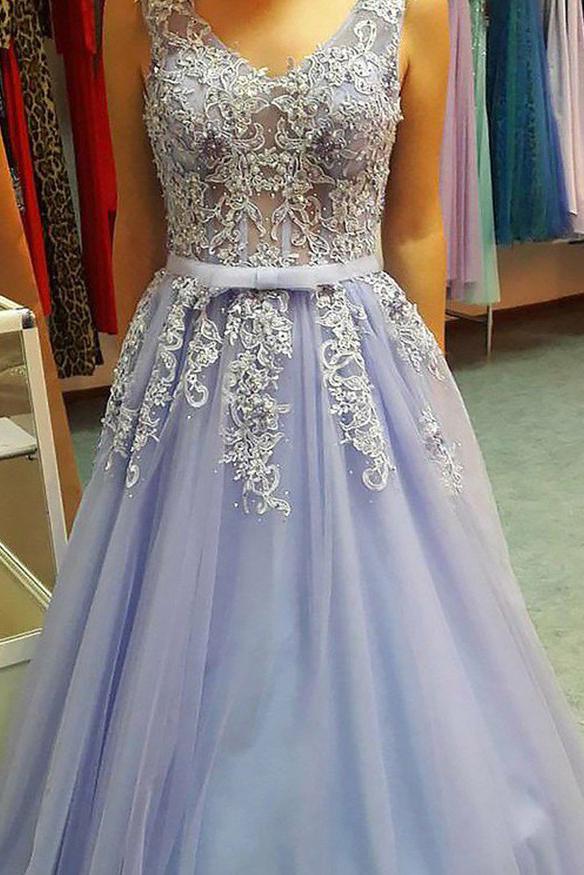 lavender tulle long prom dress v neck appliqued formal gown