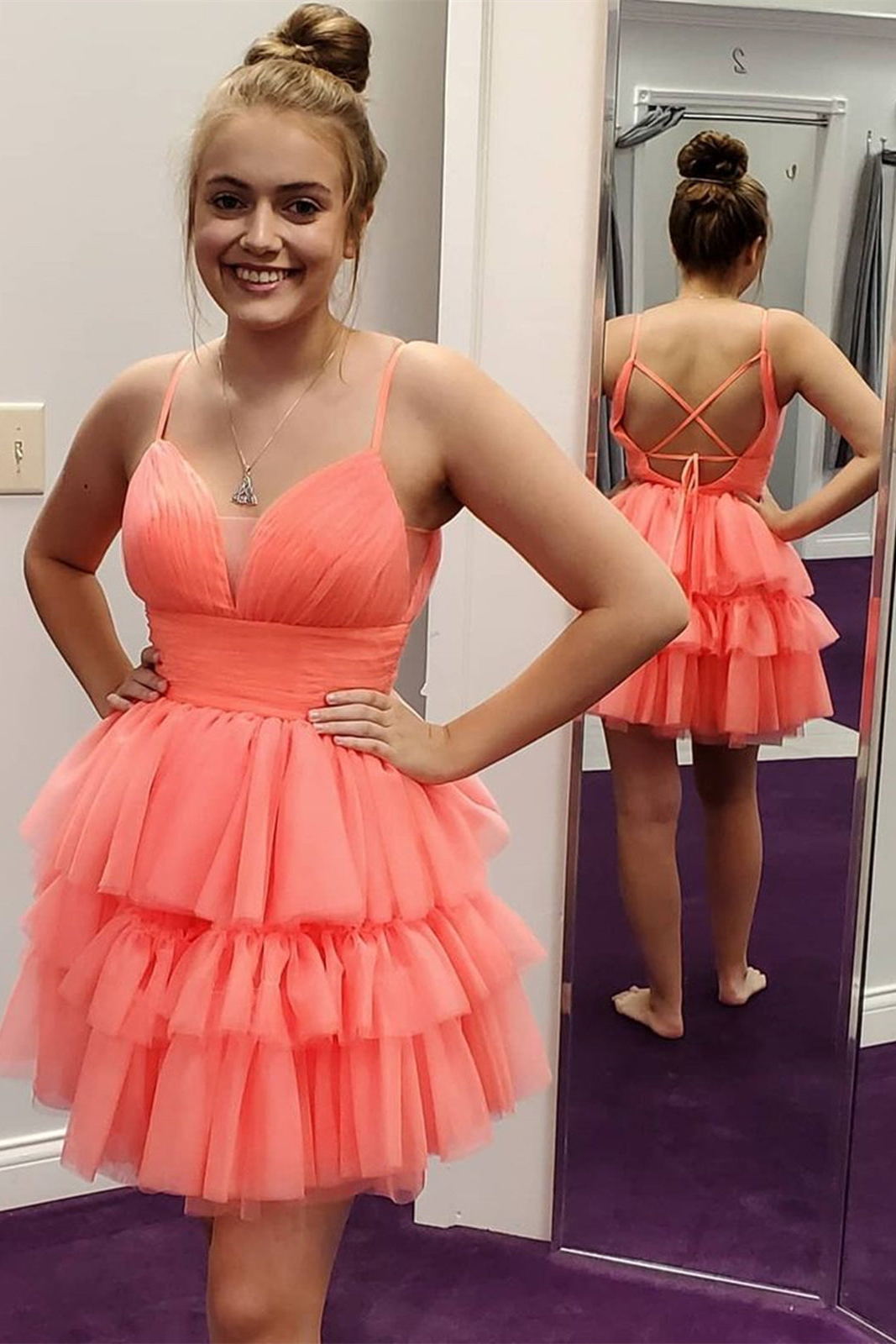 Charming Layered Coral Short Prom Dress V Neck Tulle Homecoming Dresses, GM494