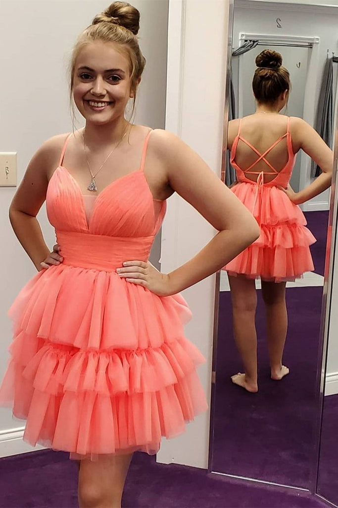 charming layered coral short prom dress v neck tulle homecoming dresses