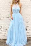 lace halter a line light sky blue tulle long prom dress