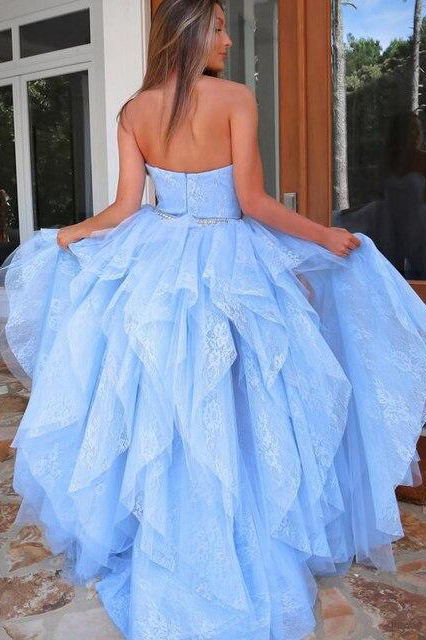 light blue lace high low prom dress sweetheart sweet 16 dress