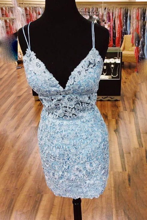 Sky Blue Spaghetti Straps Sheath Lace Homecoming Dress, Tight Mini Party Dress GM497