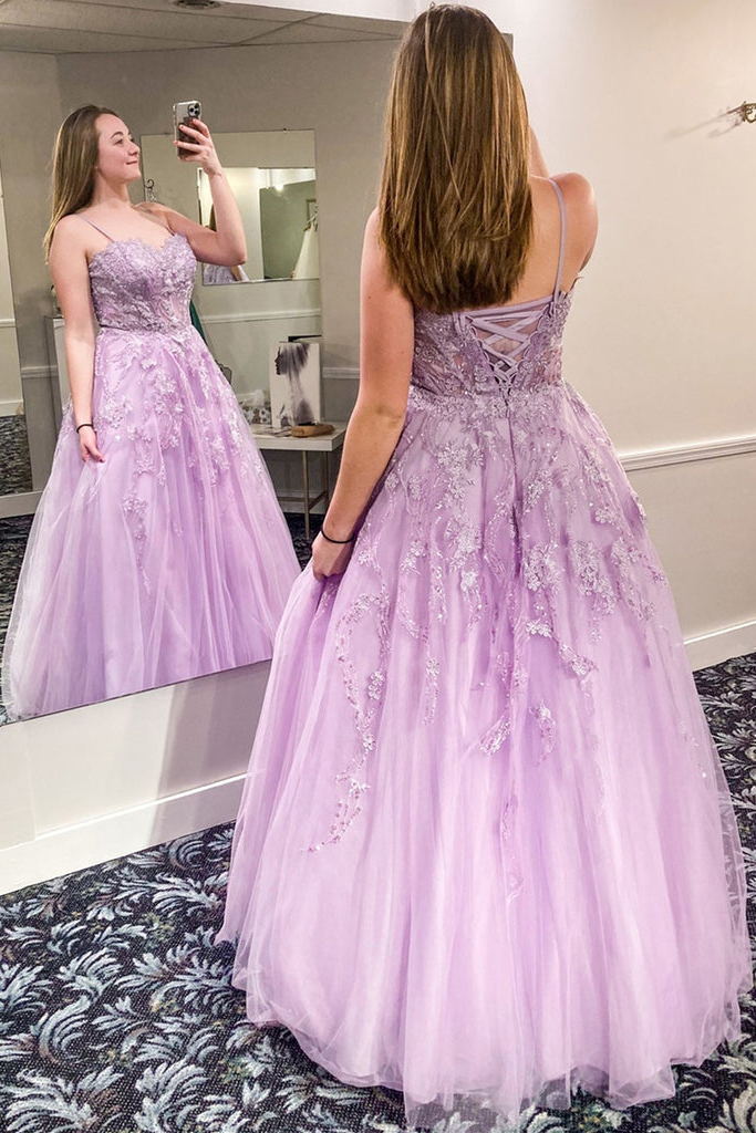 light purple sweetheart appliques tulle lace long prom dresses