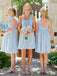 light blue ruffles one shoulder chiffon short beach bridesmaid dress