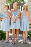 light blue ruffles one shoulder chiffon short beach bridesmaid dress pb142