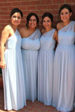 light blue chiffon one shoulder long bridesmaid dresses