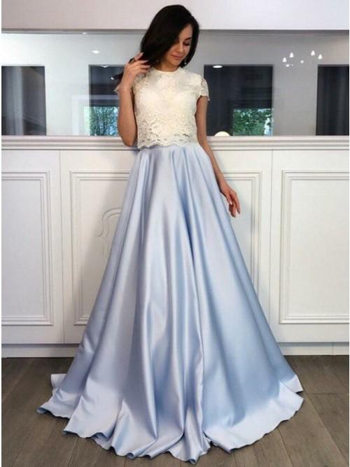 cap sleeves a line light blue satin long prom dress with lace