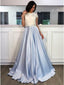 Cap Sleeves A-line Light Blue Satin Long Prom Dress With Lace MP1089
