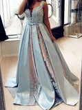 straps light blue satin v neck lace appliques ball gown prom dress