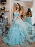 light blue backless prom gown spaghetti straps tulle tiered dance dress