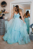 light blue backless prom gown spaghetti straps tulle tiered dance dress