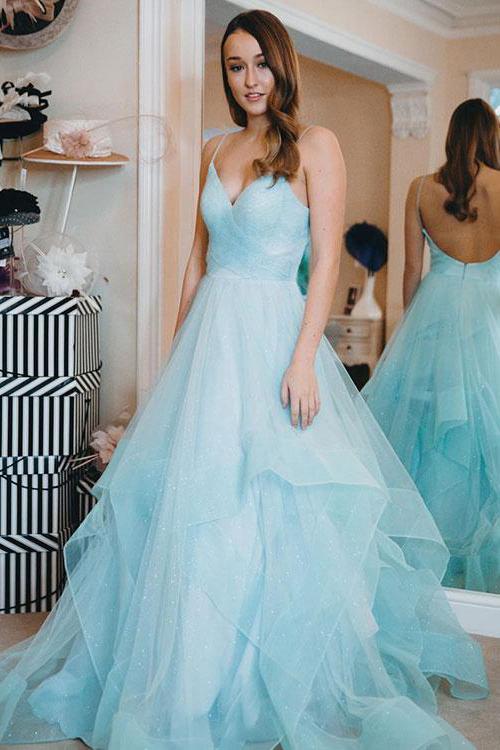 light blue backless prom gown spaghetti straps tulle tiered dance dress