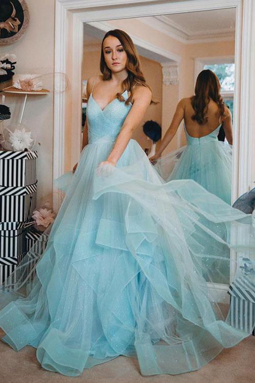 light blue backless prom gown spaghetti straps tulle tiered dance dress