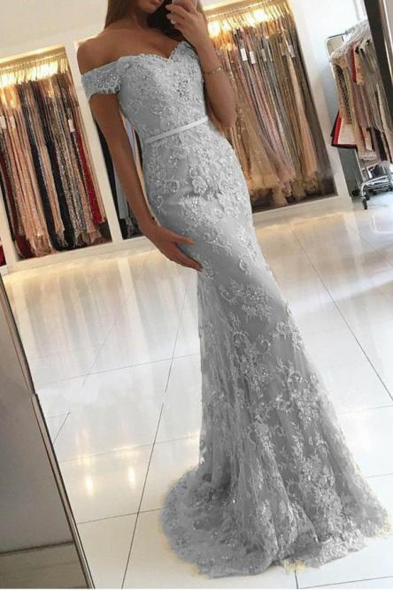 light grey mermaid off the shoulder lace prom dress with appliques mp903