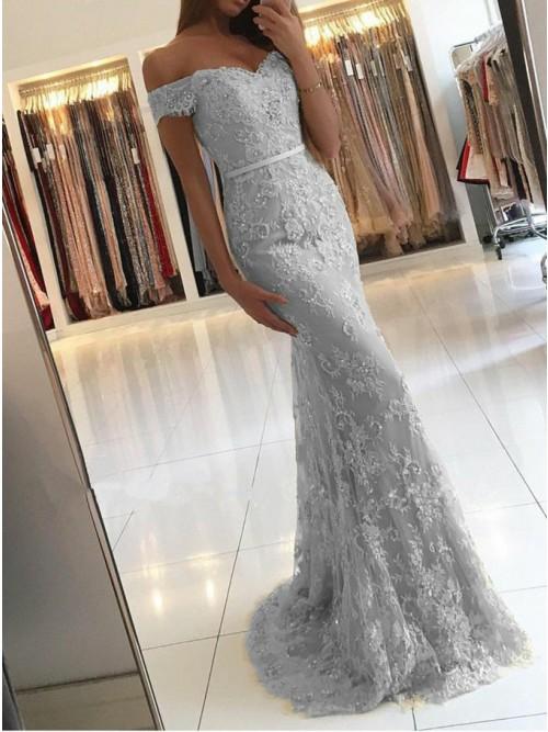 light grey mermaid off the shoulder lace prom dress with appliques