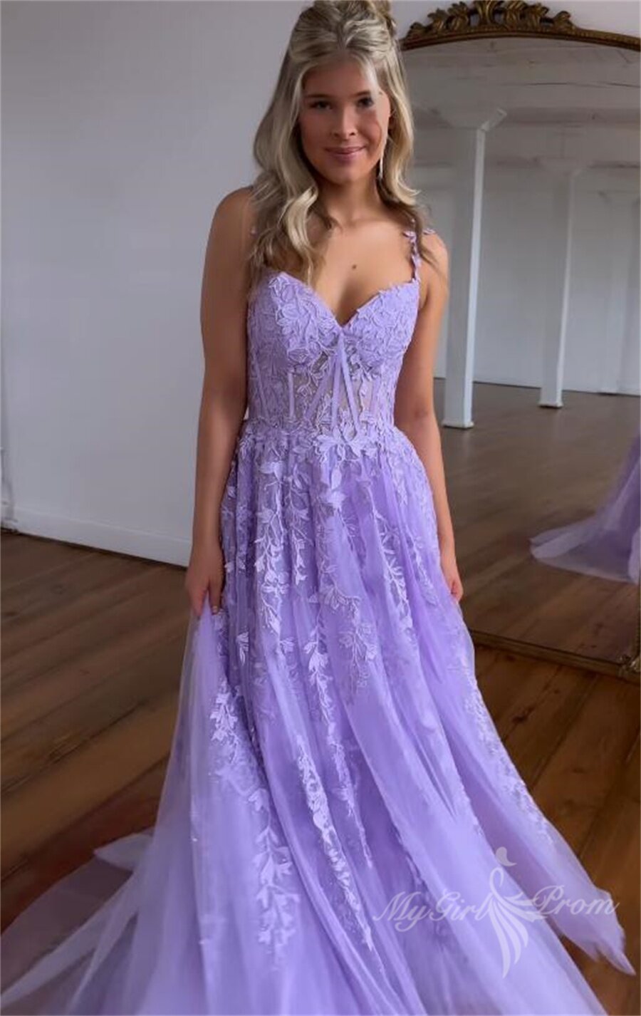 Lilac Lace Tulle Long Prom Dresses Sweetheart Sleeveless Graduation Gown GP496