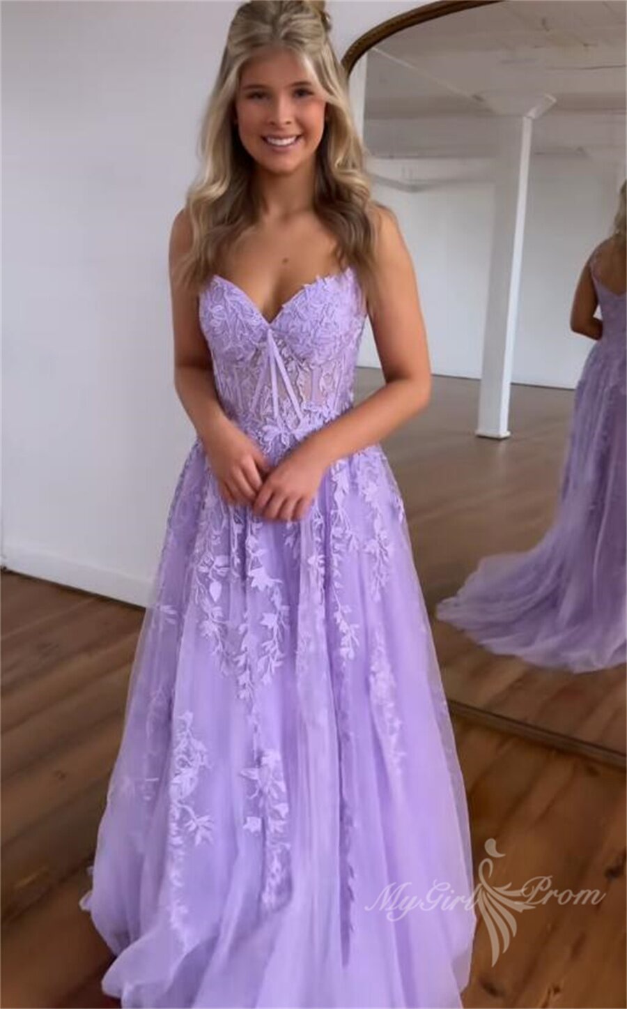 Lilac Lace Tulle Long Prom Dresses Sweetheart Sleeveless Graduation Gown GP496