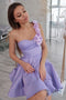 Elegant One Shoulder Lilac Short Homecoming Dress with Flowers GM431