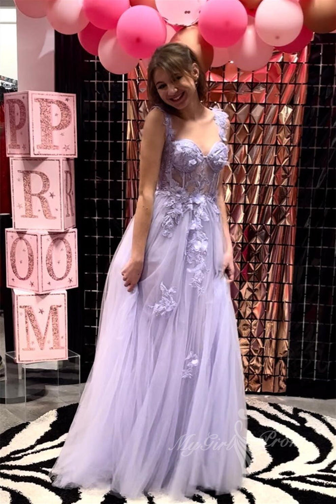 lilac sweetheart straps applique tulle long prom dress princess evening gown
