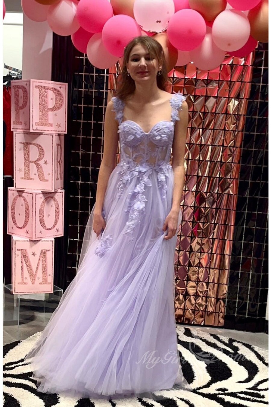 Lilac Sweetheart Straps Applique Tulle Long Prom Dress, Princess Evening Gown GP473