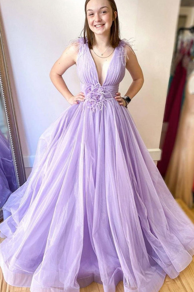 lilac tulle long prom dresses long v neck formal evening dress