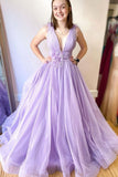 Lilac Tulle Long Prom Dresses, Long V-neck Formal Evening Dress GP107