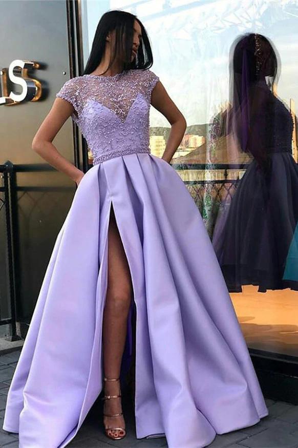lilac a line beading long prom dress with cap sleeves