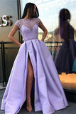 lilac long beading prom dresses with cap sleeves slit evening dress