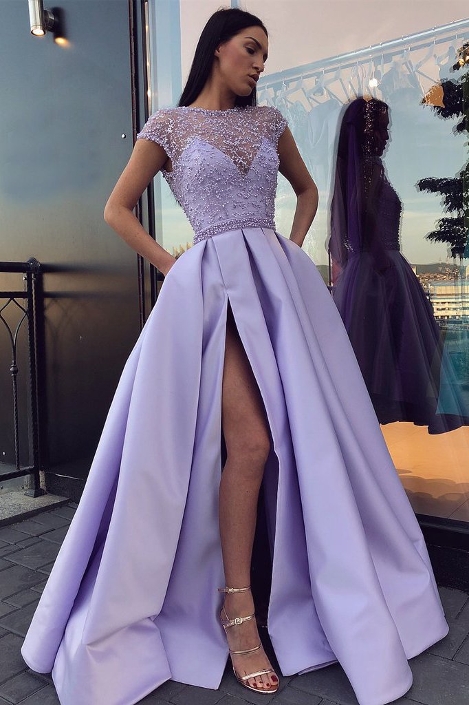 lilac a line beading long prom dress with cap sleeves