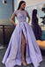 lilac long beading prom dresses with cap sleeves slit evening dress