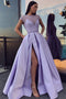 Lilac Long Beading Prom Dresses with Cap Sleeves Slit Evening Dress GP30