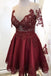 long sleeves sheer burgundy homecoming dresses lace applique short party dress