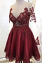 Long Sleeves Sheer Burgundy Homecoming Dresses Lace Applique Short Party Dress GM558