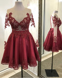 long sleeves sheer burgundy homecoming dresses lace applique short party dress