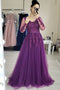 Long Sleeves Purple Tulle Prom Dresses Lace Applique Long Formal Gown GP104