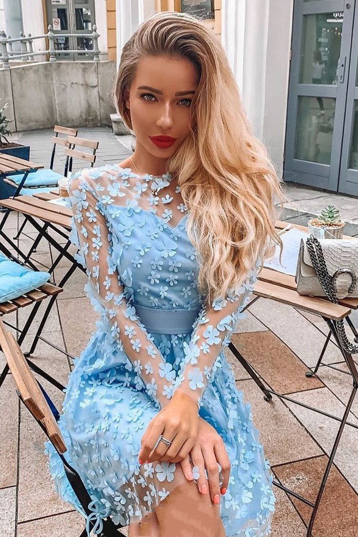 Jewel Appliques Long Sleeves Short Prom Dresses Blue Homecoming Dresses GM222
