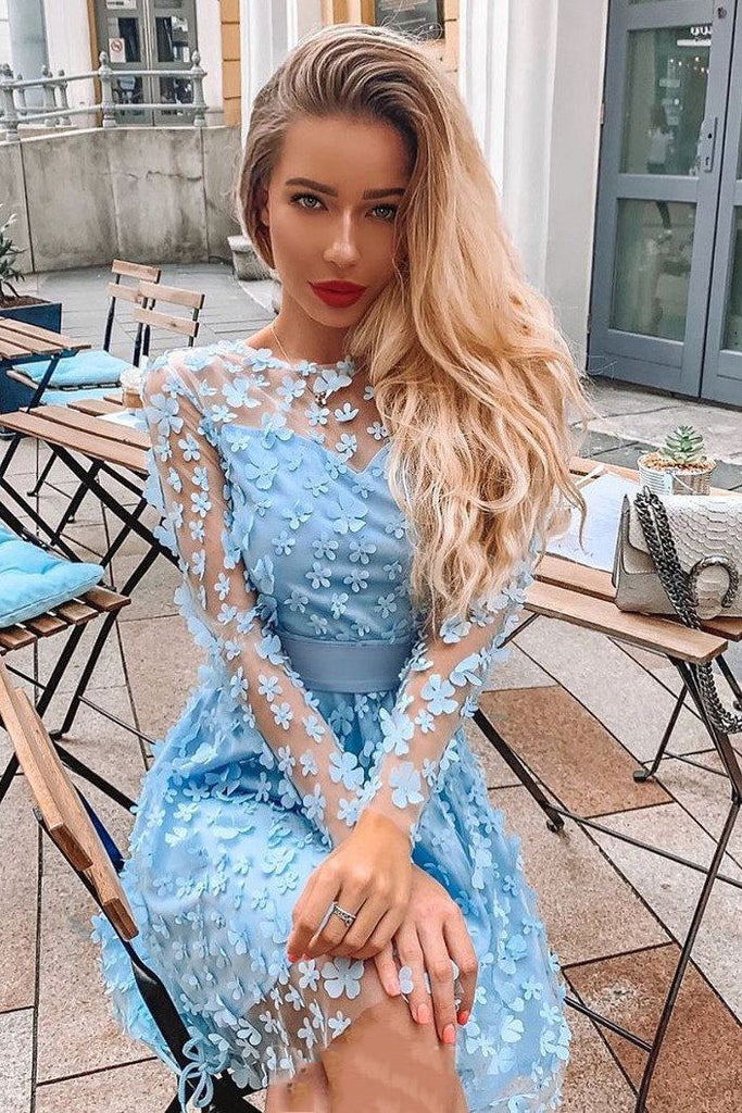 jewel appliques long sleeves short prom dresses blue homecoming dresses