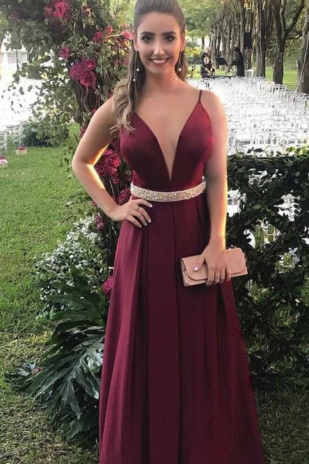 long burgundy prom dress a line spaghetti straps with waist beading mp879