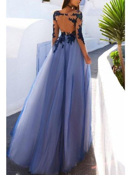 long sleeves see through open back tulle long prom dress with lace applique