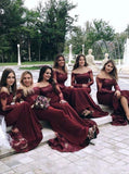 long sleeves burgundy mermaid bridesmaids dresses illusion off shoulder lace appliques pb164