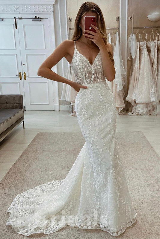 Luxurious Lace Mermaid Beach Boho Long Wedding Dresses PW514