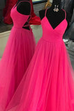 Fluorescent Fuchsia Spaghetti Straps Long Prom Dresses With Split MG138