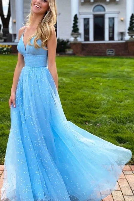 shiny sky blue v neck longprom dress sparkly evening party dress