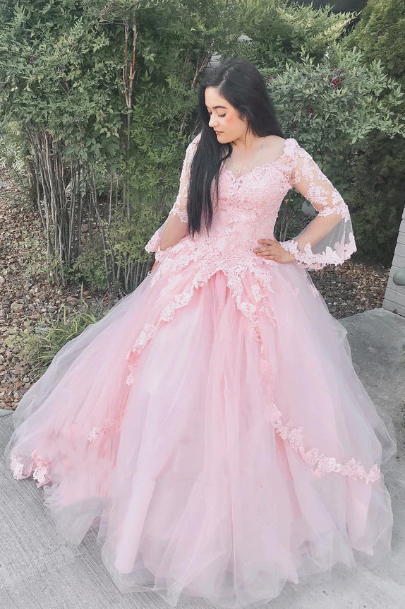 sweeet 16 ball gown long sleeve appliques prom quinceanera dresses